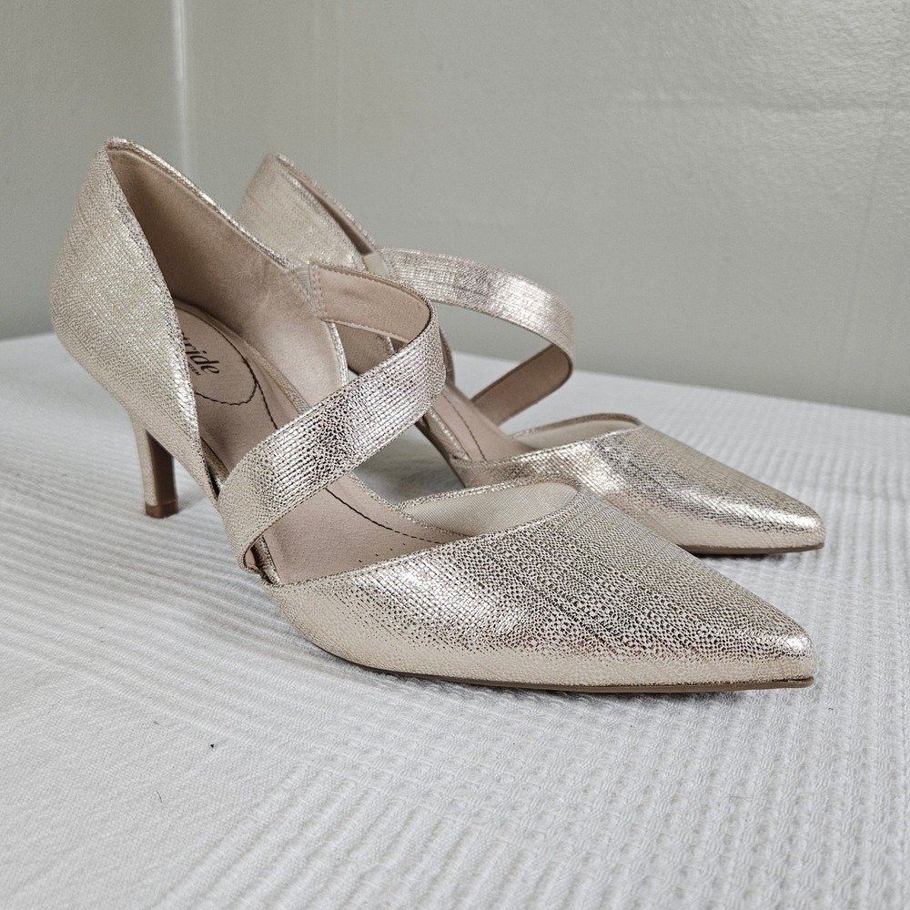 LifeStride Suki Heels Sz 10 Wide‎ Platino Gold Texture Pointed Toe Pumps